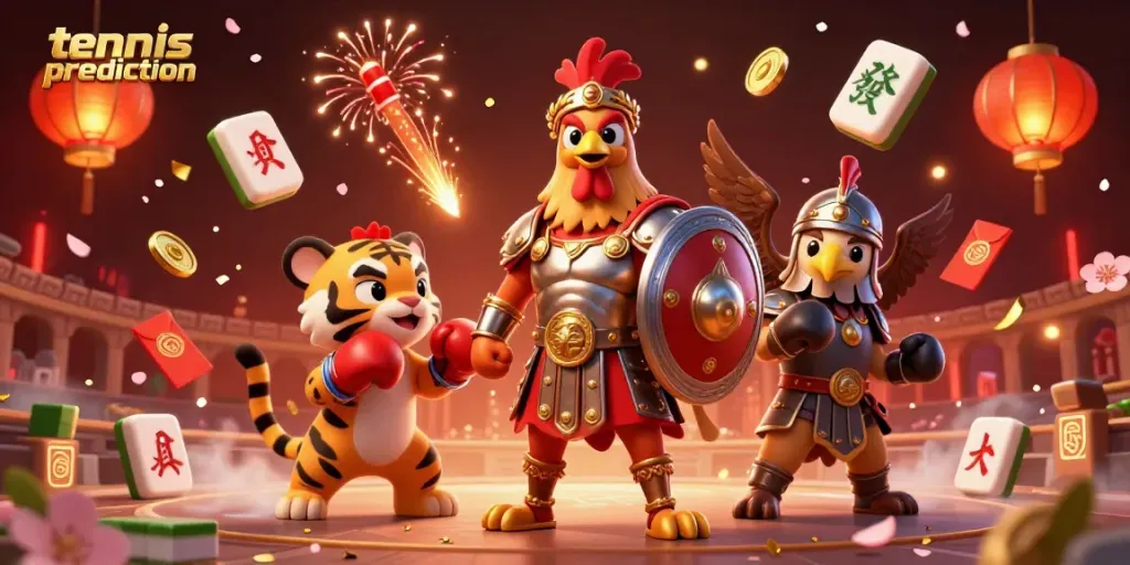 Tennis prediction visual with a gladiator rooster and tiger cub in an energetic scene, emphasizing sports betting.
