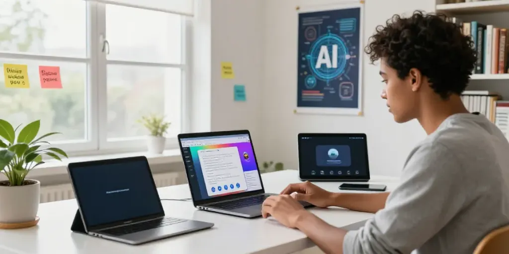 AI tools for tutorial articles in a vibrant educational workspace featuring diverse person creating online tutorials.
