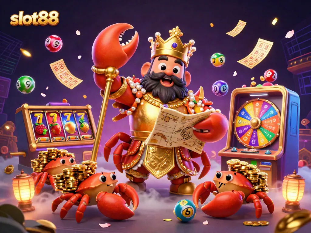 Engage with slot88's thrilling atmosphere featuring a crab emperor, lottery balls, and vibrant game elements.