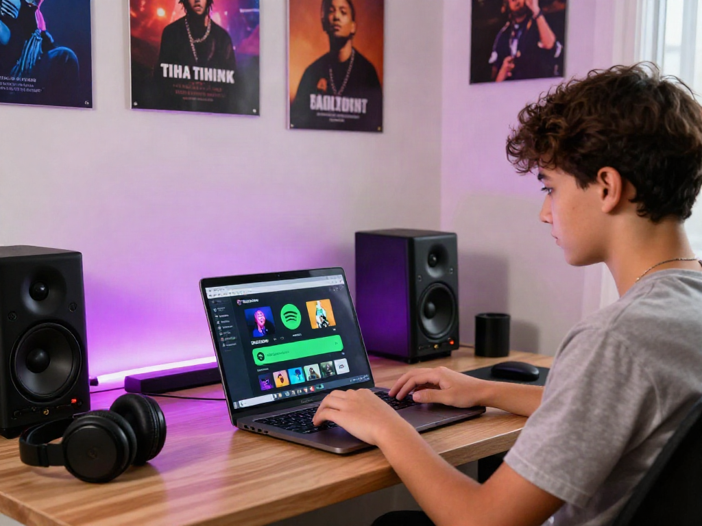 A teenager exploring spotify mod apps on a laptop in a vibrant home entertainment setup.