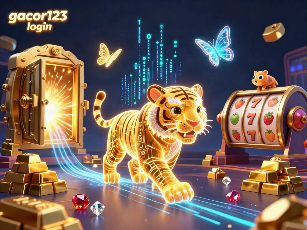 Experience the thrill of gacor123 login with a vibrant digital casino scene, filled with radiant treasures and captivating characters.