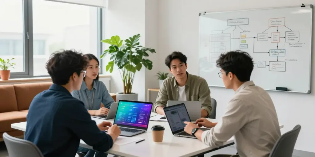 Team collaborating on azure cloud management in a bright tech office