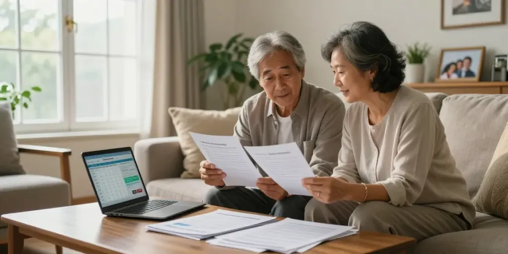 Couple discussing reverse mortgages while reviewing documents in a cozy living room.
