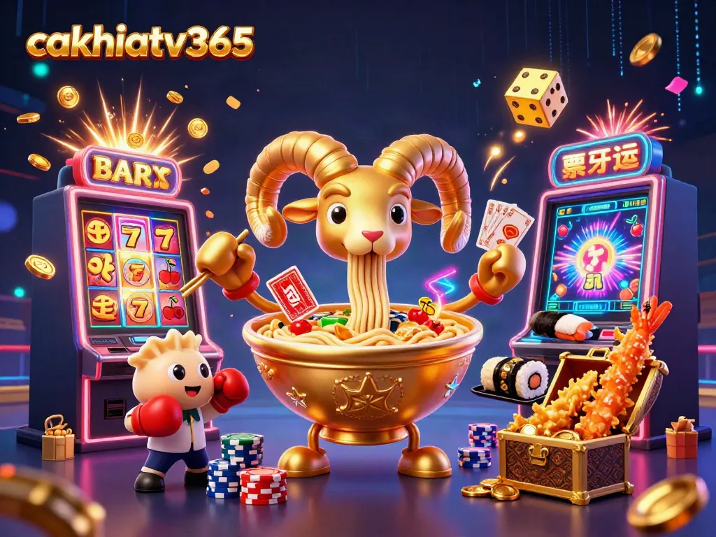 Cakhiatv365 showcases a lively 3D gaming scene with vibrant characters, dynamic slot elements, and gold explosions.