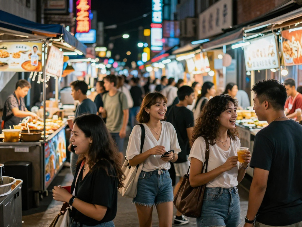 Người dùng gái gọi tương tác trong không gian đường phố sôi động tại thành phố về đêm.