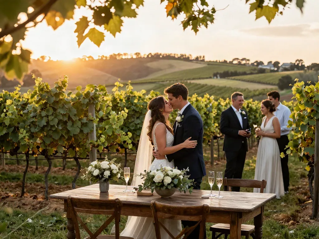 Pokolbin wedding photography capturing a couple's genuine moment in a vineyard at sunset.