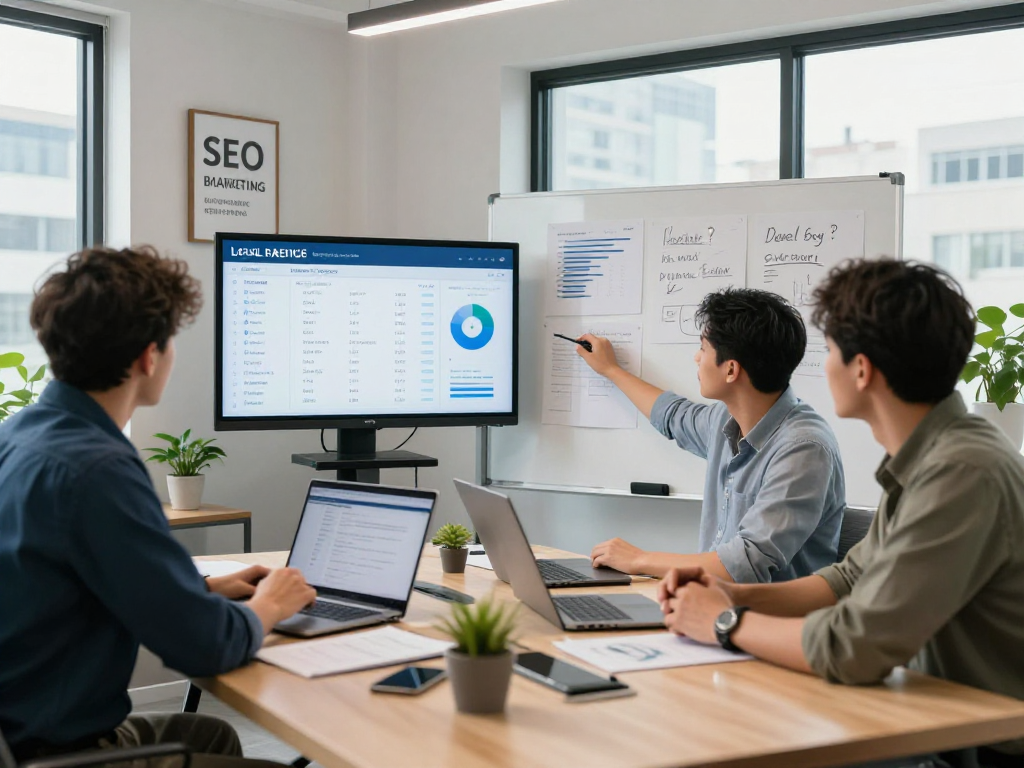 Orange County SEO company team collaborating on a marketing strategy for home-service businesses, showcasing SEO performance analytics and growth insights.