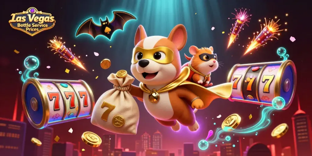 Experience Las Vegas Bottle Service Prices with a superhero dog and hamster amidst casino elements.