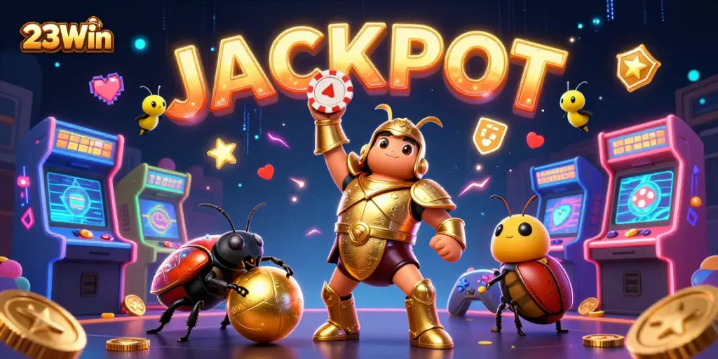 Experience thrilling wins with 23Win in a vibrant casino-themed illustration featuring characters and gaming elements.
