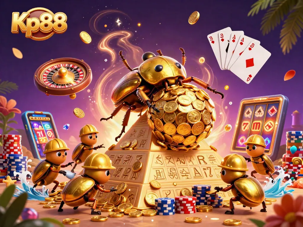 Experience thrilling gameplay with Kp88 as golden coins cascade in a vibrant casino scene.