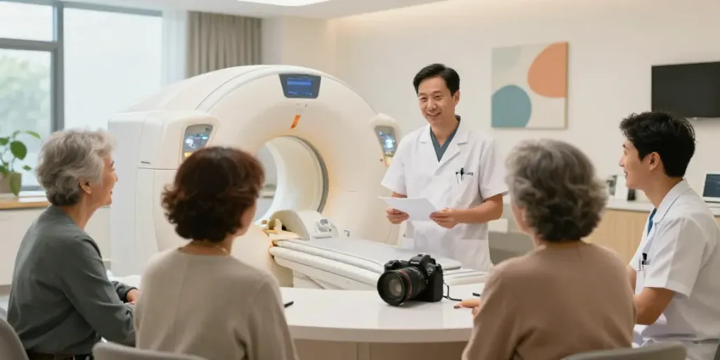 Röntgenreizbestrahlung in der Nähe - freundliche Ärzte in moderner Radiologiepraxis mit Patienten.