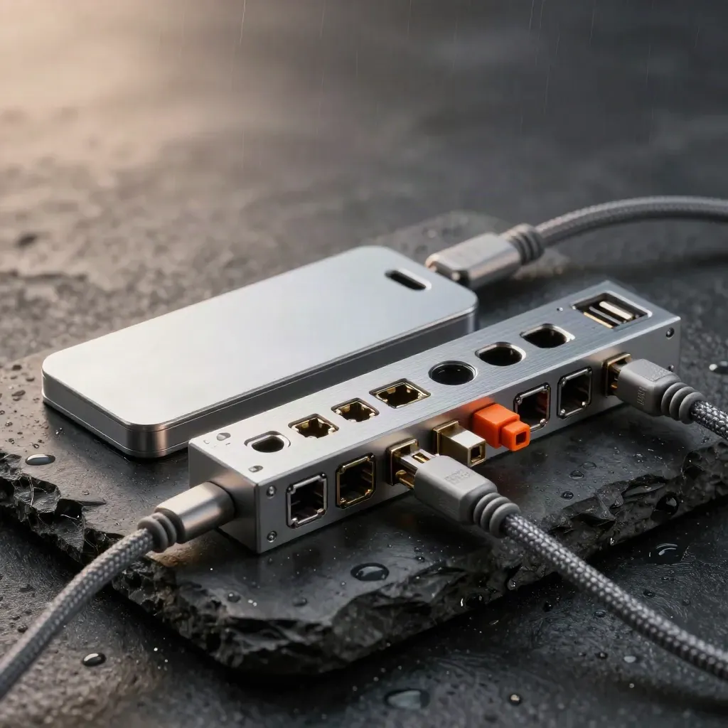 Macro of brushed-aluminum SaaS ops hardware on wet basalt with rain mist and ember-orange accent
