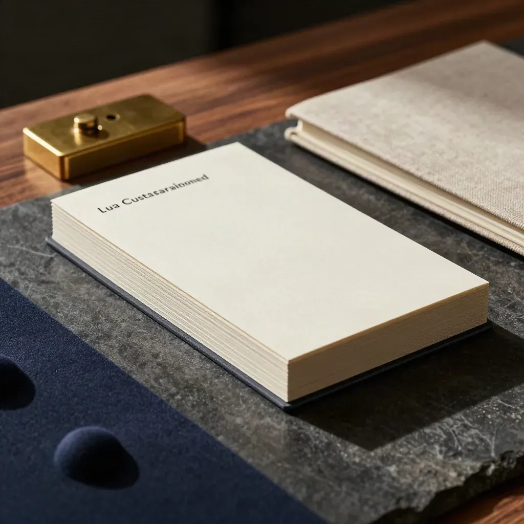 Brass paperweight, project cards, and a closed notebook on dark stone.