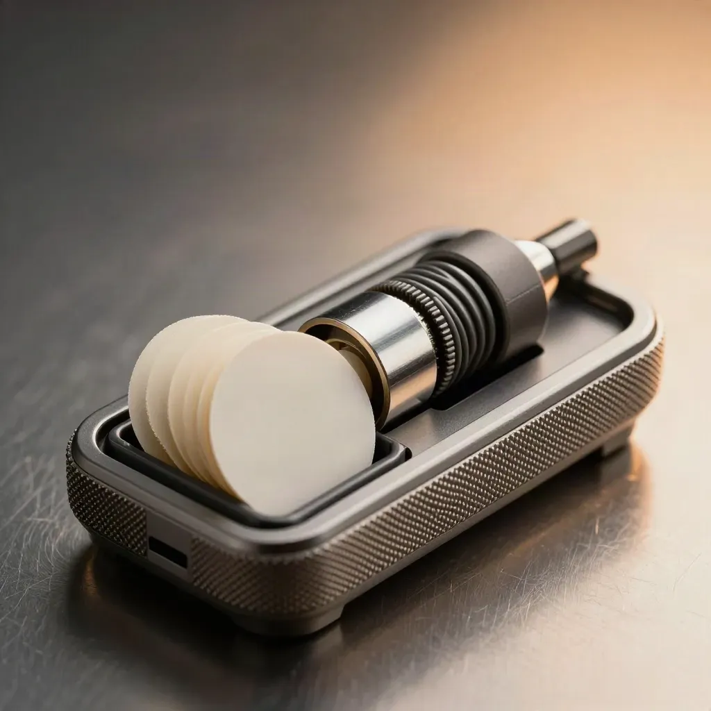 Macro of payment hardware parts linked on brushed metal with warm orange highlight