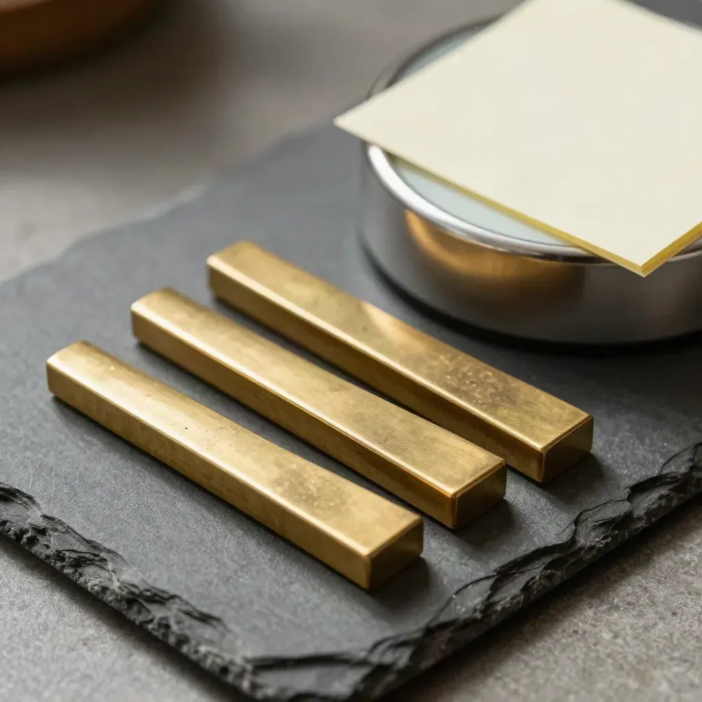 Brass counters beside a timer and folded memo block on dark stone, lit in a close-up still life.