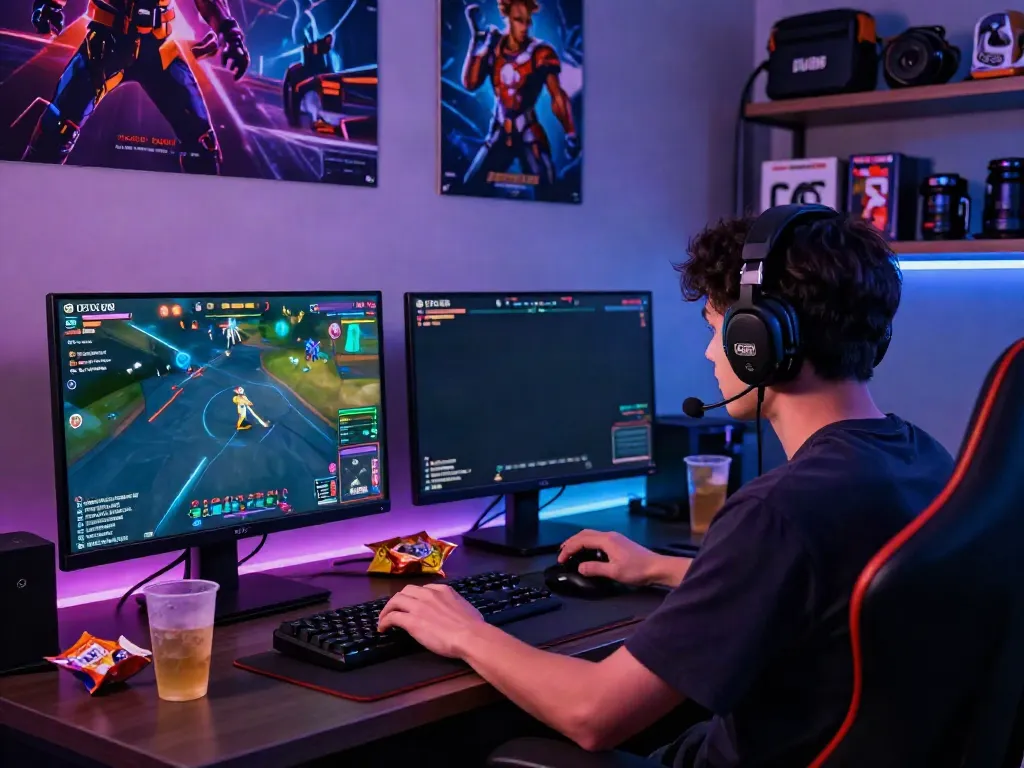 Engaged player at DU88 immersed in a vibrant fish shooting game session with dual monitors and gaming setup.