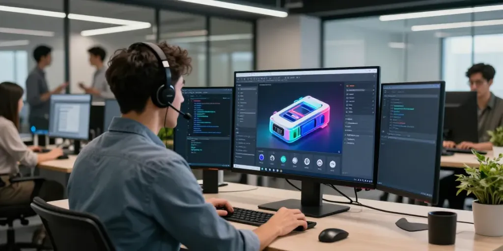 Interactive product configurator software being demonstrated in a modern office setting, showcasing 3D product models and options.