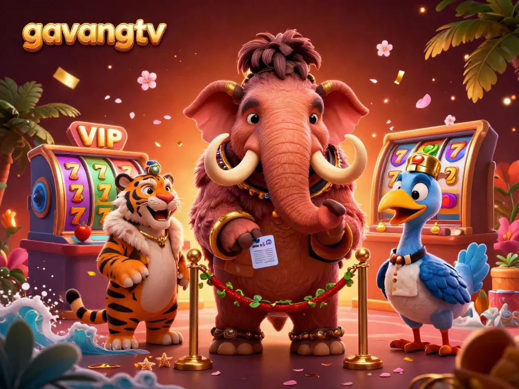 Gavangtv features a lively casino scene with a woolly mammoth bouncer, saber-tooth tiger guest, and vibrant slot reels.