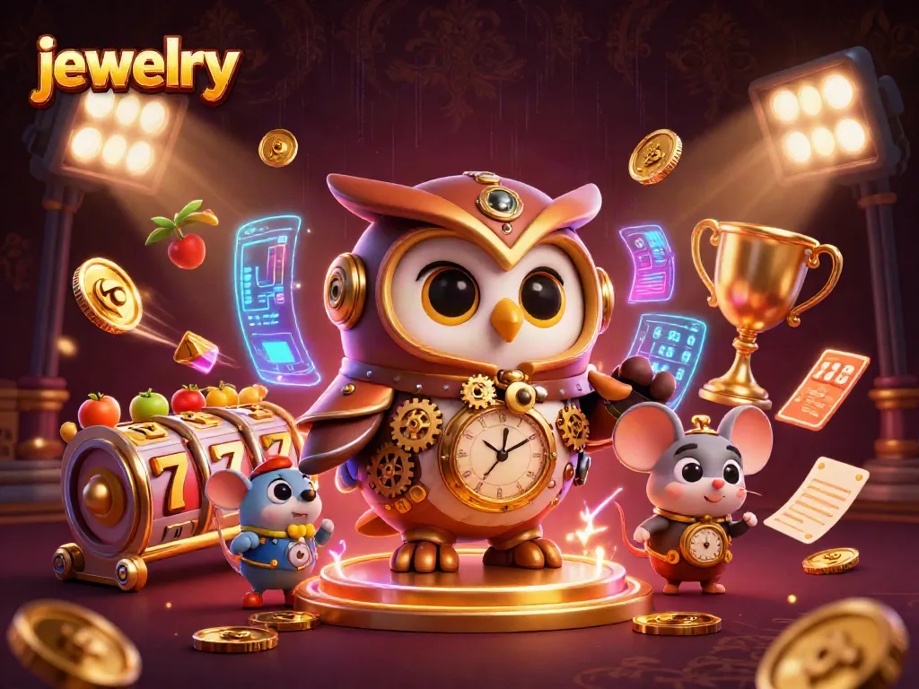 Engage with stunning jewelry illustrations in a vivid casino setting featuring dynamic slot reels.