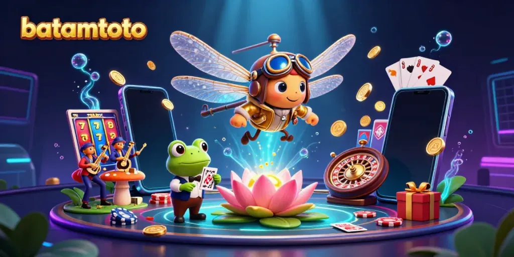 Experience the excitement of batamtoto with a vibrant 3D casino scene featuring a dragonfly pilot and frog croupier.