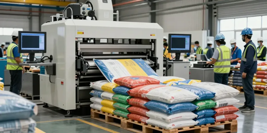Automatic bag palletizer machine stacking various bags efficiently in a busy industrial warehouse.