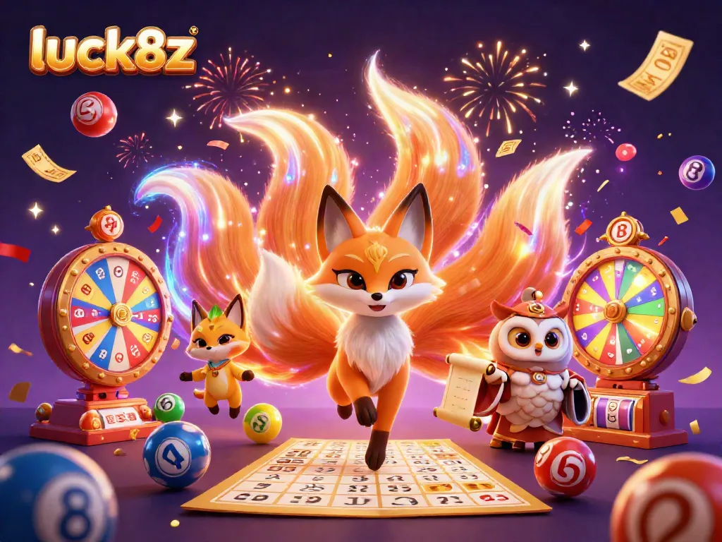 Experience excitement with luck8z in a vibrant casino-themed illustration featuring a mystical fox spirit and owl sage.
