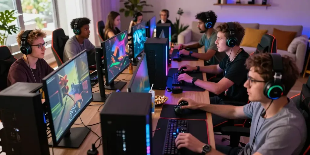 Friends enjoying a qqmacan gaming session in a lively setup with vibrant decor and snacks.