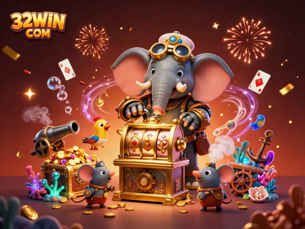 Experience exciting gaming adventures at 32WIN COM with a steampunk-themed slot machine and vibrant treasure elements.