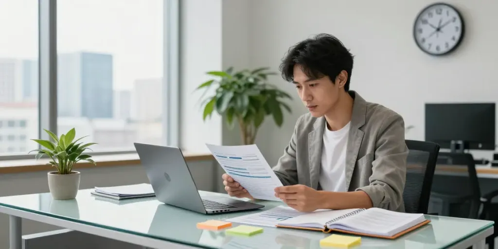 Focused accountant analyzing financial reports while managing bookkeeping services in a modern office.