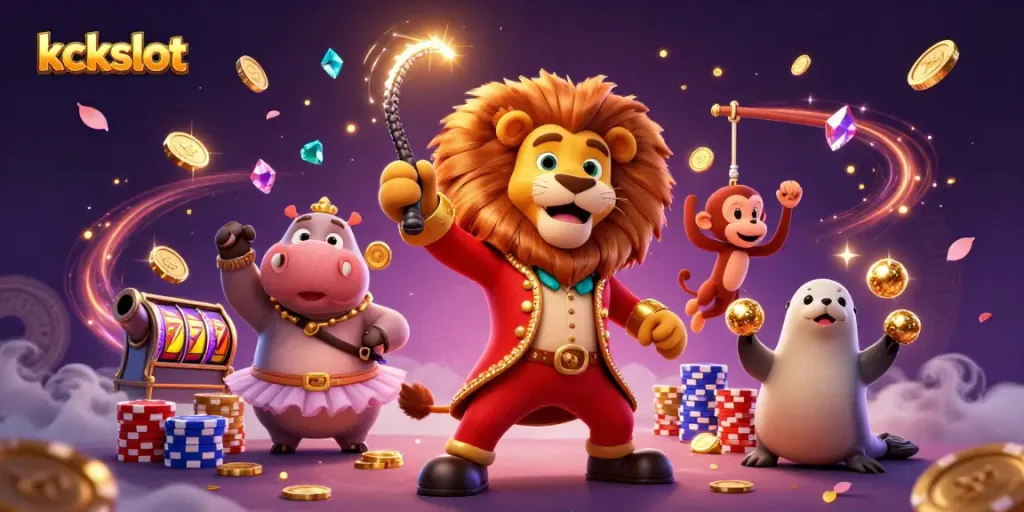 Gambaran 3D kckslot yang menampilkan karakter sirkus dan elemen permainan kasino yang ceria.