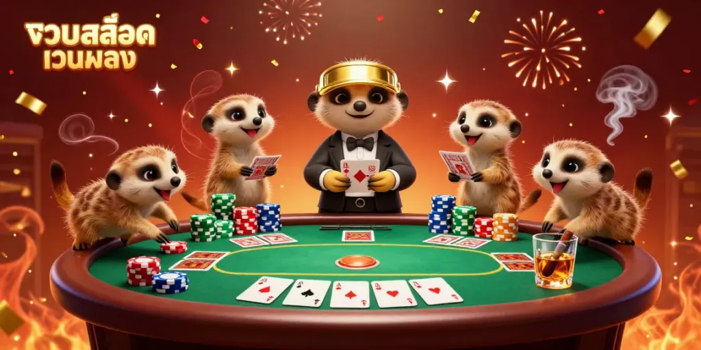 Engaging scene of a colony of meerkats managing a casino, showcasing poker elements and celebratory effects, promoting รวมสล็อตเว็บตรง.