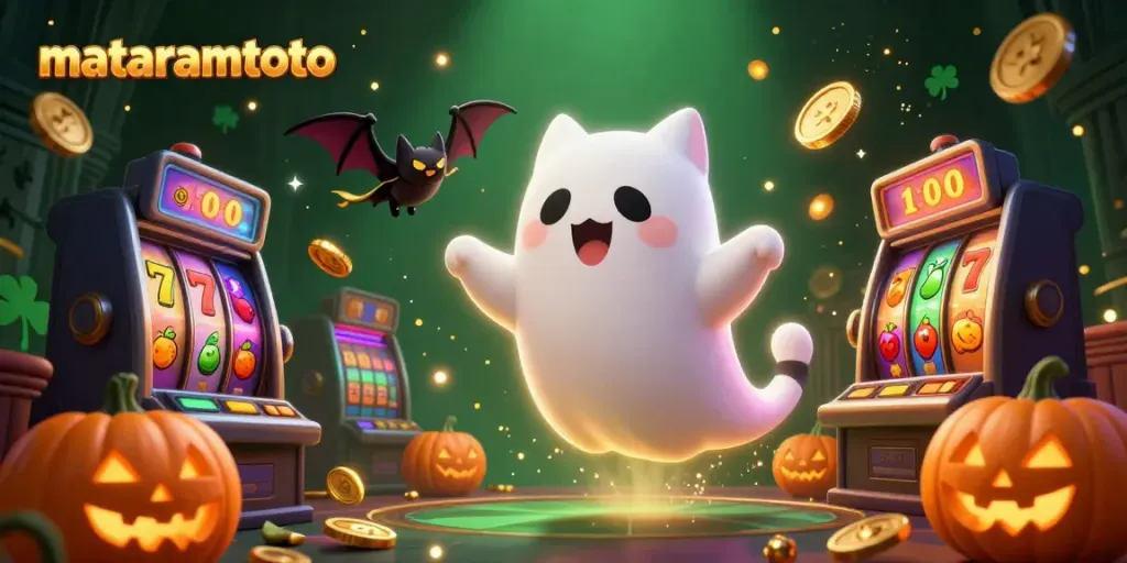 Experience the thrill of winning with mataramtoto in this vivid 3D illustration featuring a friendly ghost cat and jackpot-filled scene.