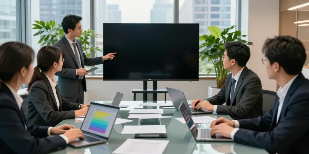 Business data from Outscraper being analyzed in a modern office by professionals.