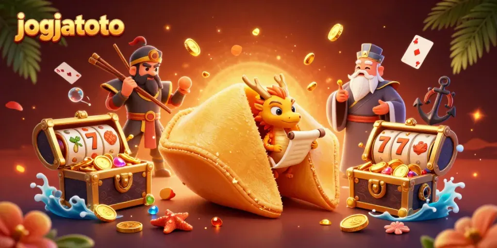 Play engaging games on jogjatoto while a wise dragon reads fortunes in a vibrant casino scene