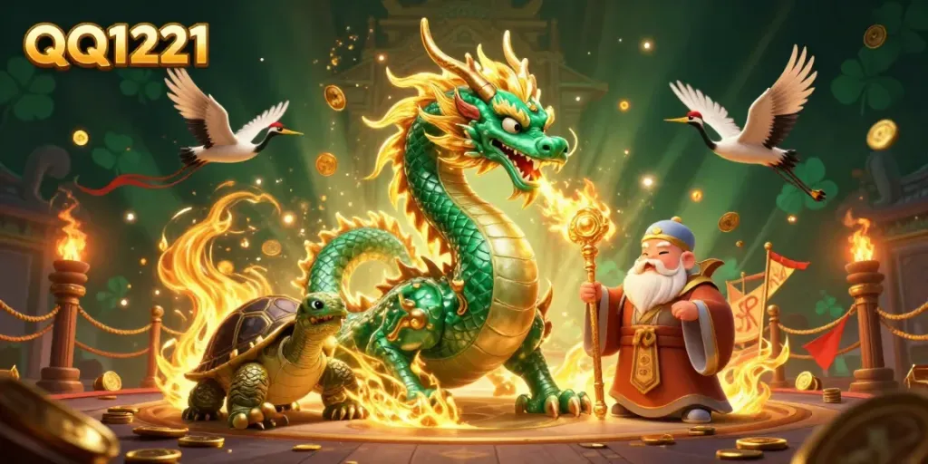 Experience thrilling gameplay with QQ1221 as the jade dragon and turtle sage battle amidst a vibrant casino.