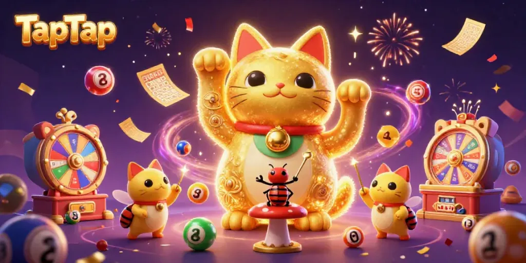 Experience the vibrant excitement of TapTap in a casino-themed 3D illustration with lucky symbols and confetti.