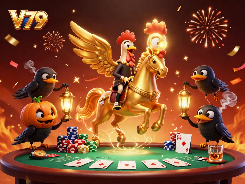 V79's golden rooster hero faces off in a colorful casino scene with poker action.