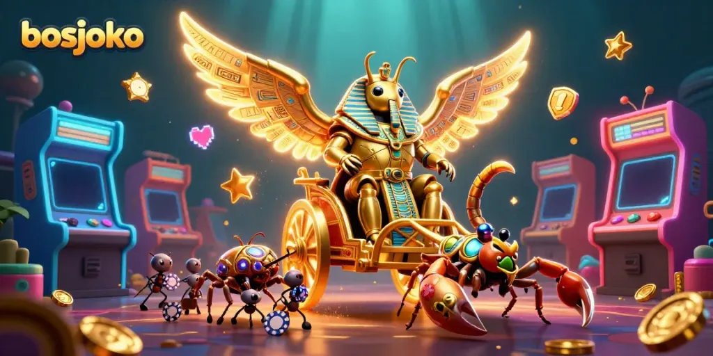 Experience thrilling gameplay with bosjoko's golden scarab beetle and animated casino graphics.