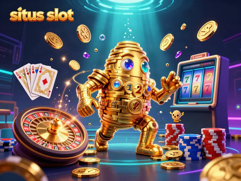 Engage in the thrilling world of situs slot with a dynamic 3D illustration showcasing a golden coin golem and vibrant casino elements.