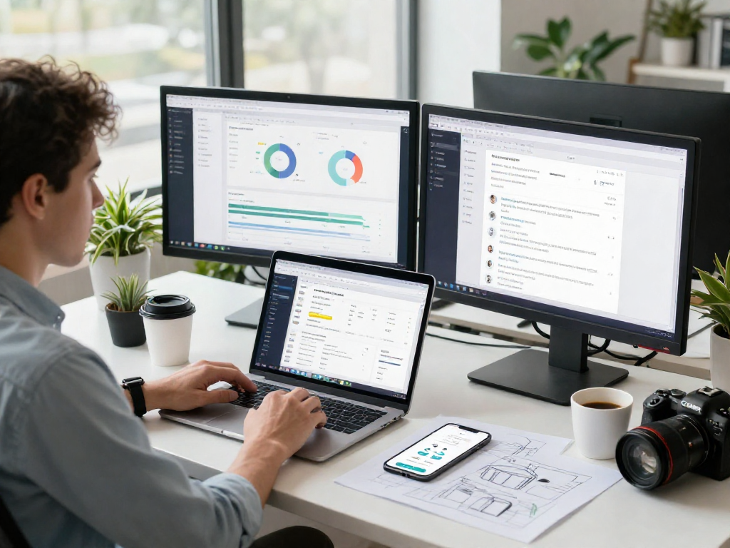 Buy android installs showcased in a tech workspace with app performance data on screens.