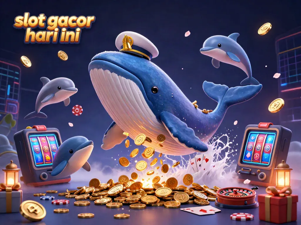 Experience slot gacor hari ini with a vibrant 3D casino scene featuring a cartoon whale surrounded by coins and playful dolphins.