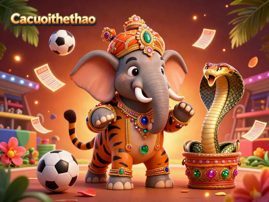 Cacuocthethao showcases a vibrant sports betting scene with a jeweled elephant and tiger in an ornate setting.