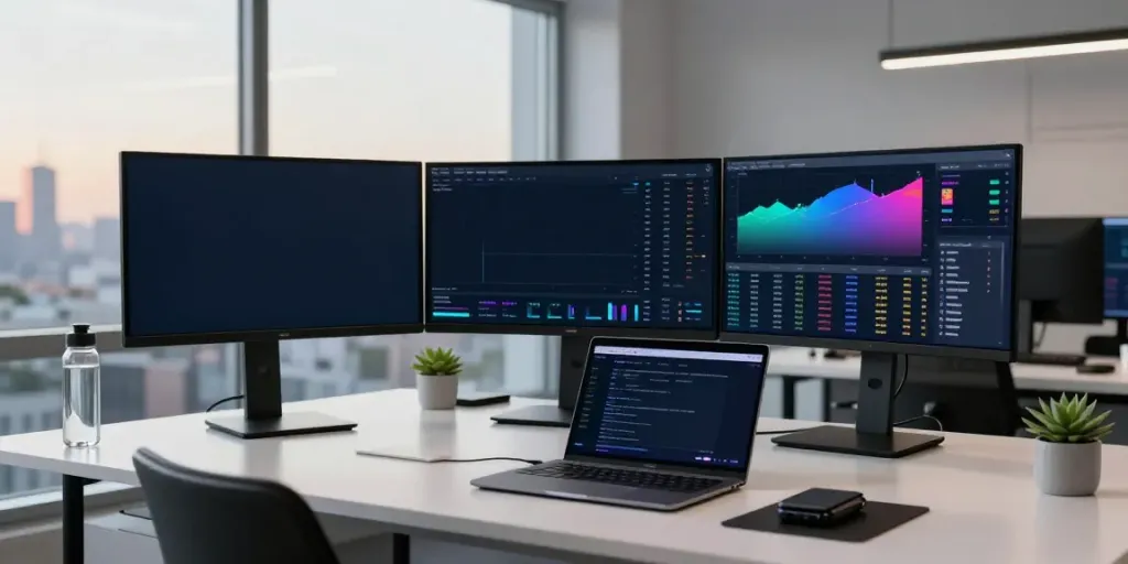 Real-time financial data API displayed on cryptocurrency trading platform with modern desk setup.