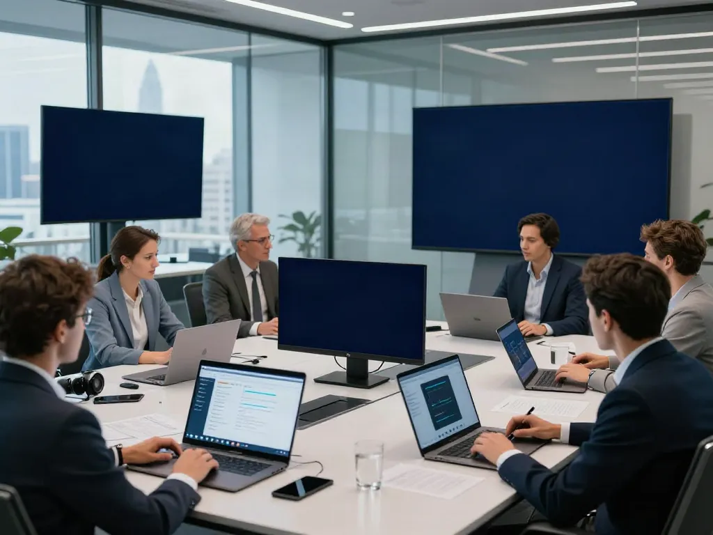 Deepfake protected Online Video Calls, Meetings and Conferencing in a high-tech conference room with diverse professionals engaged in secure virtual communication.