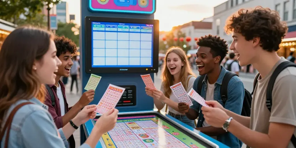 Group enjoying a lively lottery game at sunset, celebrating their hope for winning in a vibrant cityscape.