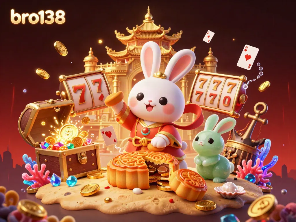 Engage the thrill of bro138 gaming with radiant moon rabbits revealing poker chips amidst rich casino imagery.