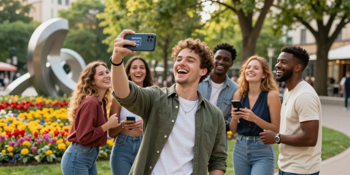 Friends enjoying an attractiveness test in a lively urban park setting, capturing joyful interactions.