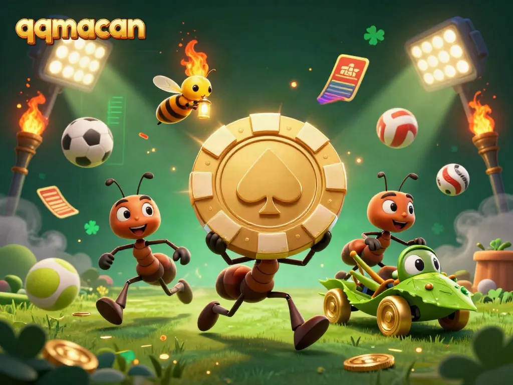Engaging scene of qqmacan-themed ants in a heist carrying a giant poker chip with dynamic sports elements