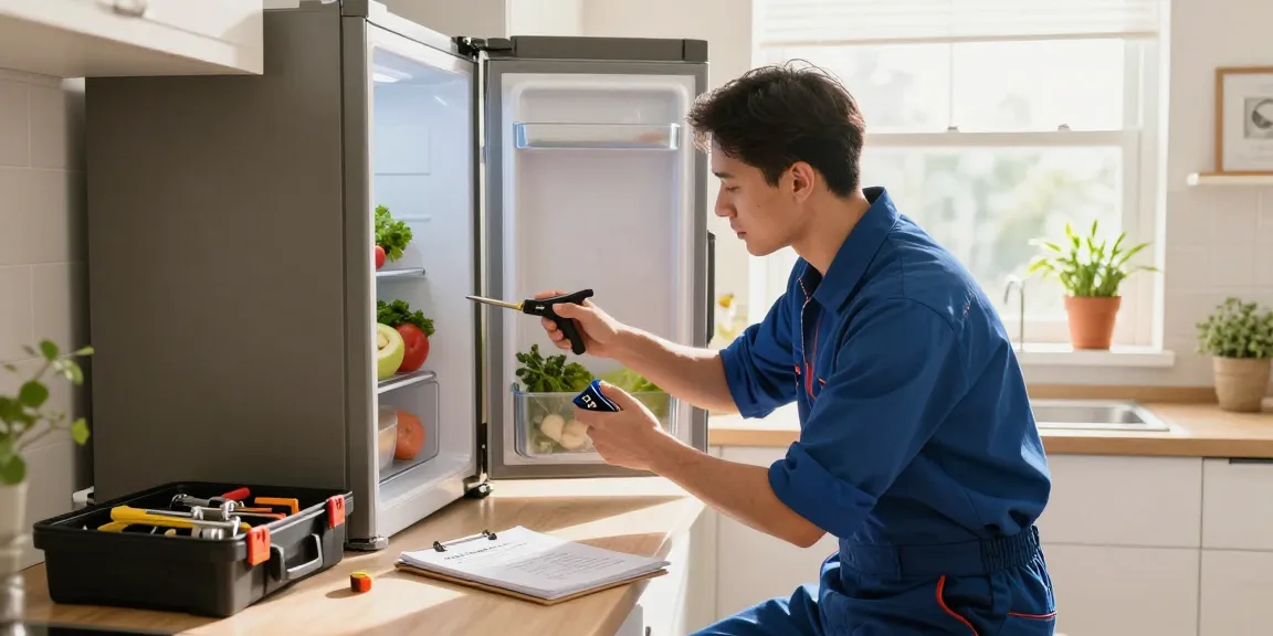 Refrigerator repair technician diagnosing issues in a bright home kitchen.