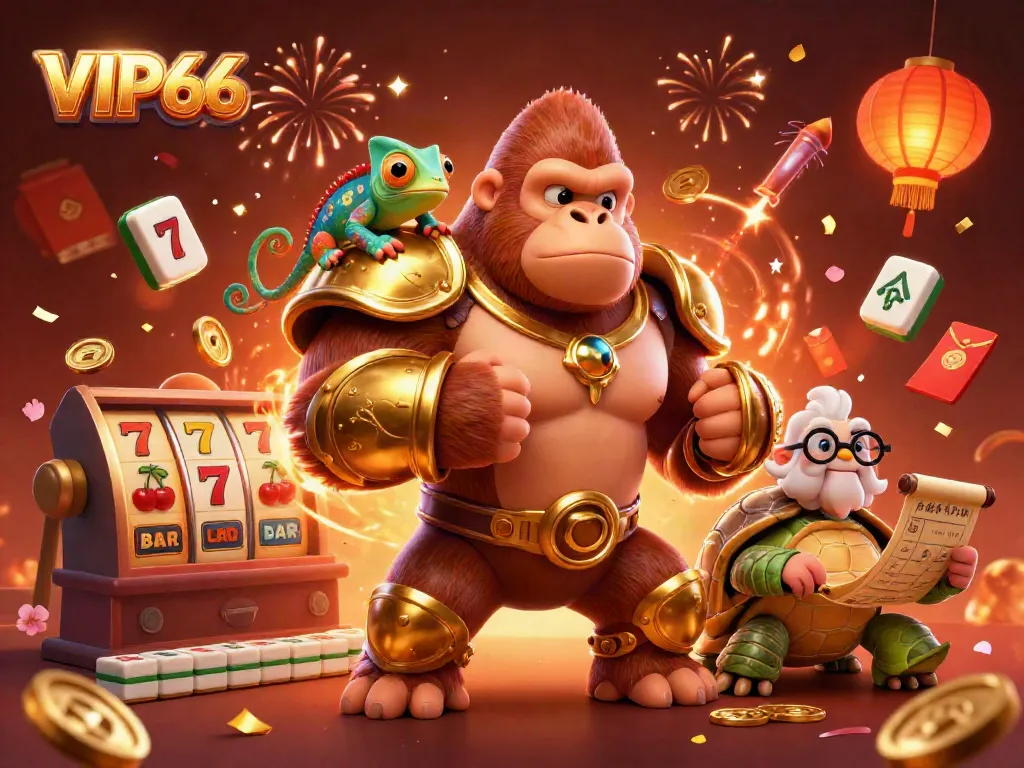 Experience the excitement of VIP66 casino gaming with a dynamic scene of a cartoon gorilla king and friends.